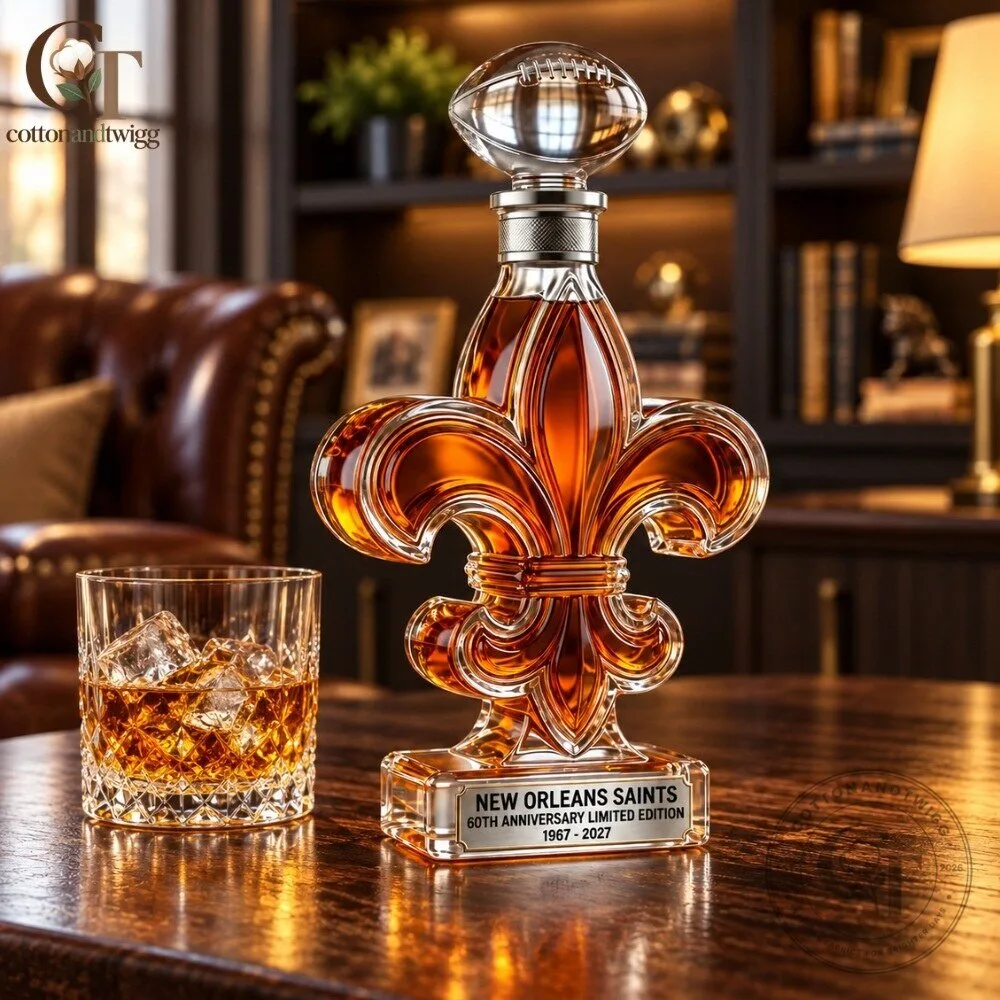 New Orleans Saints 60th Anniversary Whiskey Decanter 2026 - Fleur-De-Lis Whiskey Bottle NFL Sports Gift Christmas Decor